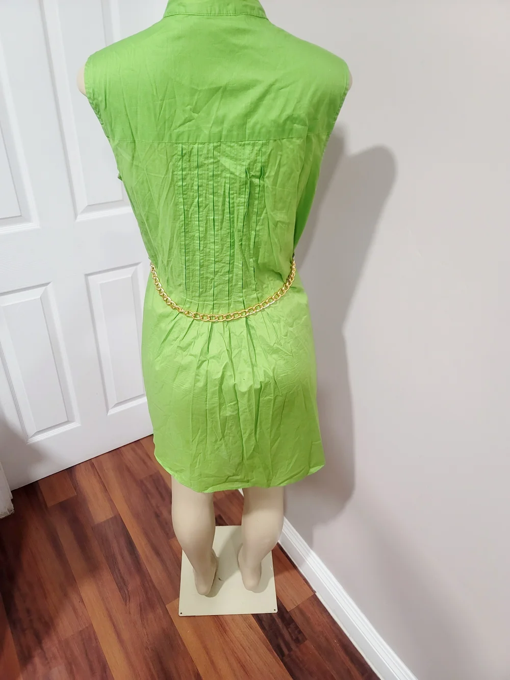 Michael Kors Lime Green Sleeveless Shirt Dress with Gold Chain Belt